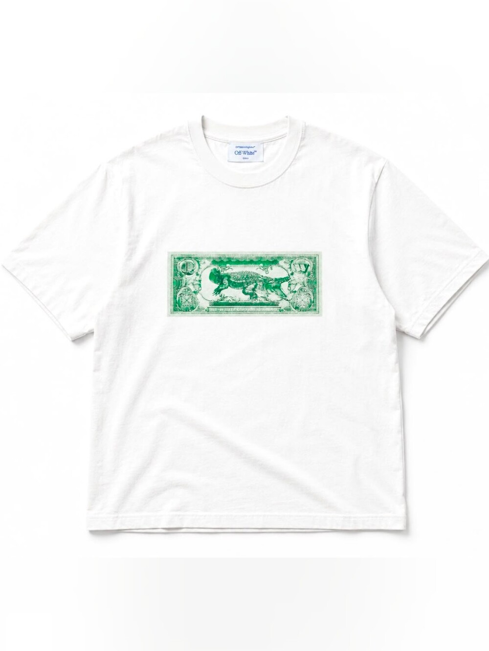 Off-White Men's White Crocodile Dollar Bill Graphic Designer T-Shirt- Size S